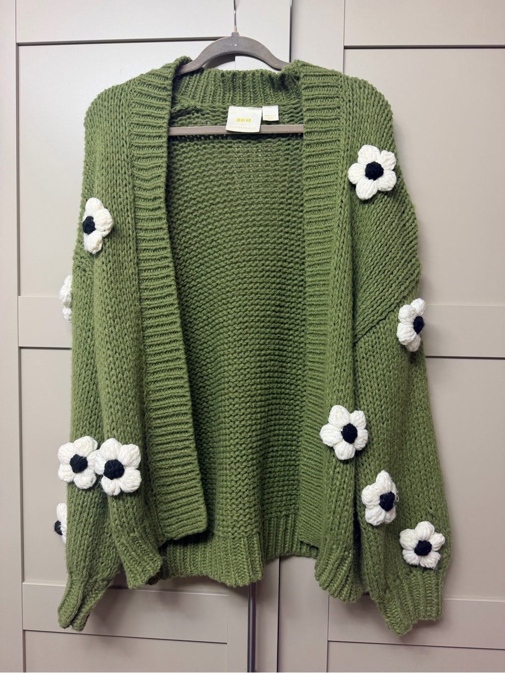 Maeve Olive Green Chunky Cardigan with White Daisy Appliqués